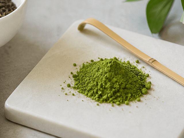 Matcha powder on a pale ceramic plate