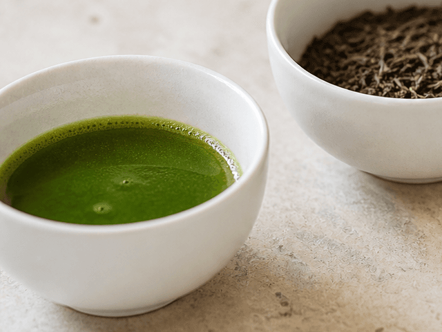 Prepared matcha beside a bowl of Japanese tea