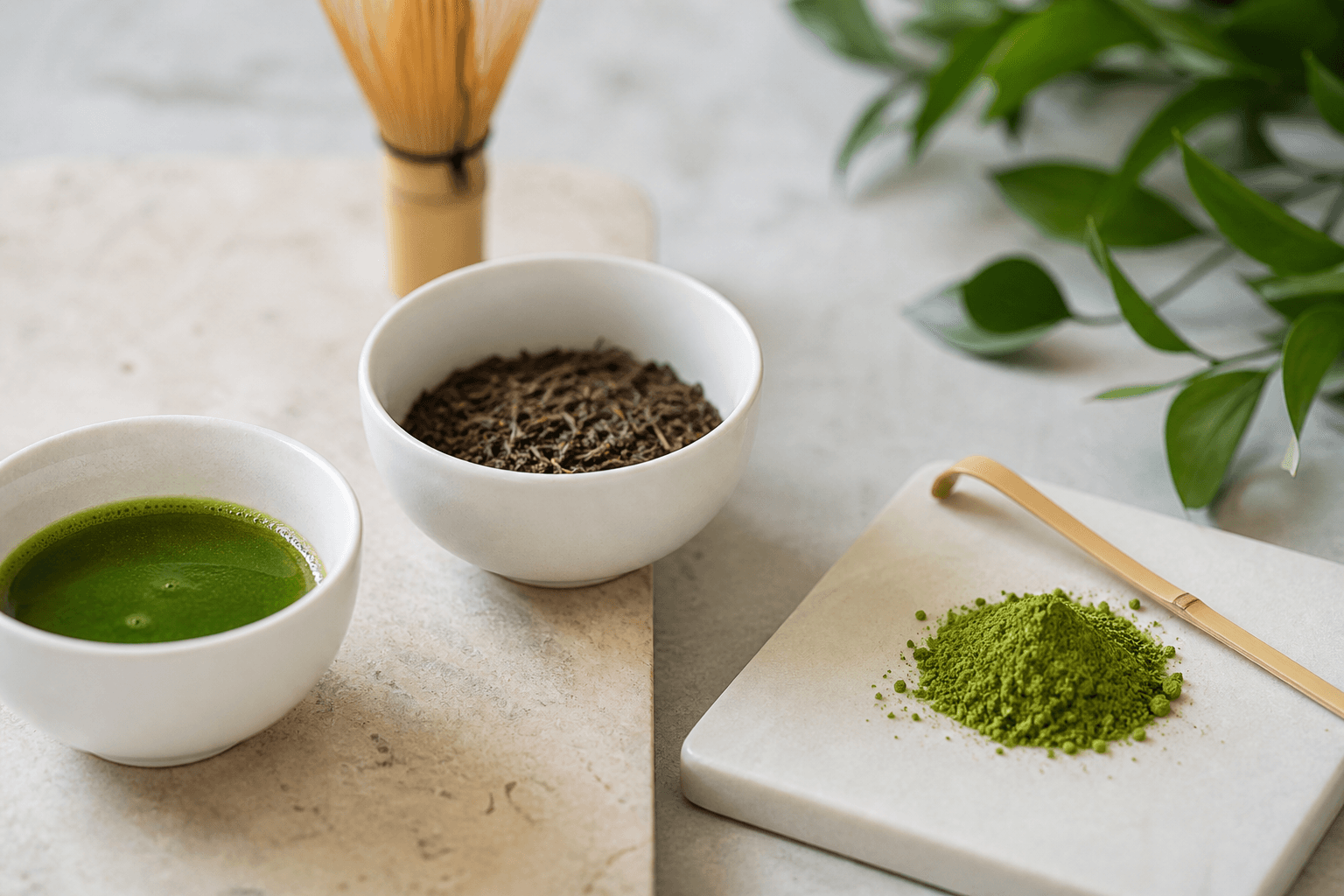 Matcha powder, hojicha leaves, and Japanese tea tools on a pale surface